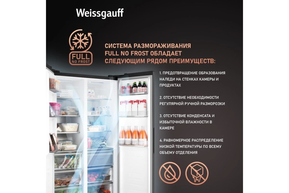 Отдельностоящий холодильник с инвертором Weissgauff WSBS 1036 Inverter NoFrost Premium Dark Inox