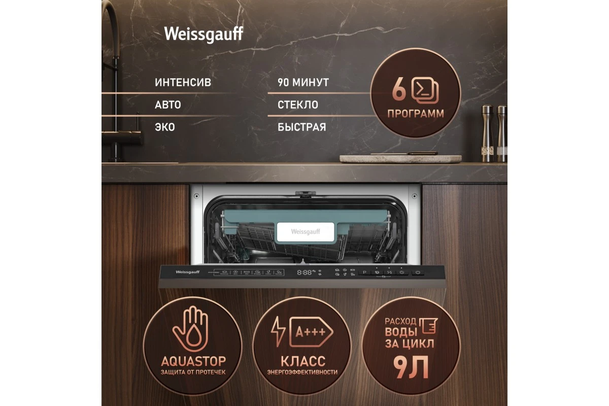 Встраиваемая посудомоечная машина Weissgauff BDW 4535 D Inverter Autoopen Timer Floor