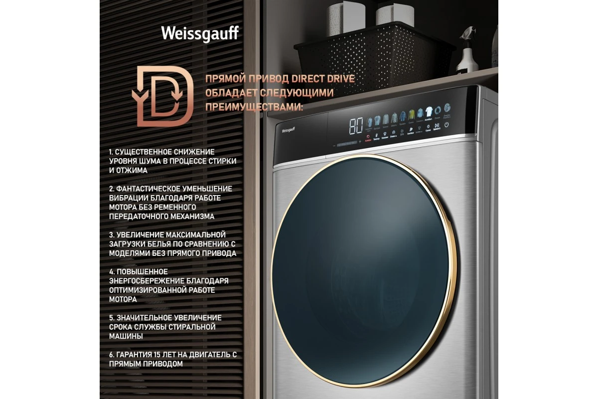 Стиральная машина с сушкой Weissgauff WMD 58411 Direct Drive Inverter Premium Steam Steel