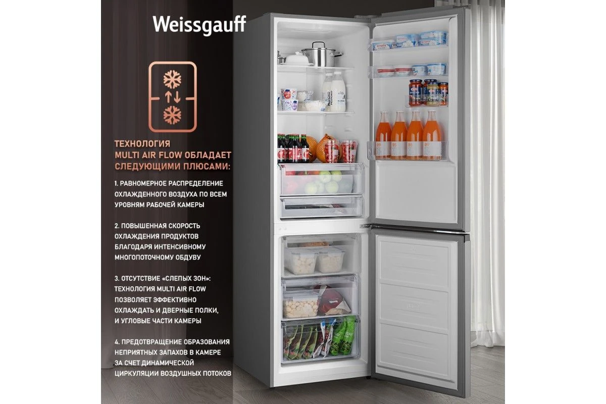 Отдельностоящий холодильник с инвертором Weissgauff WRK 2000 Total NoFrost Inverter Inox