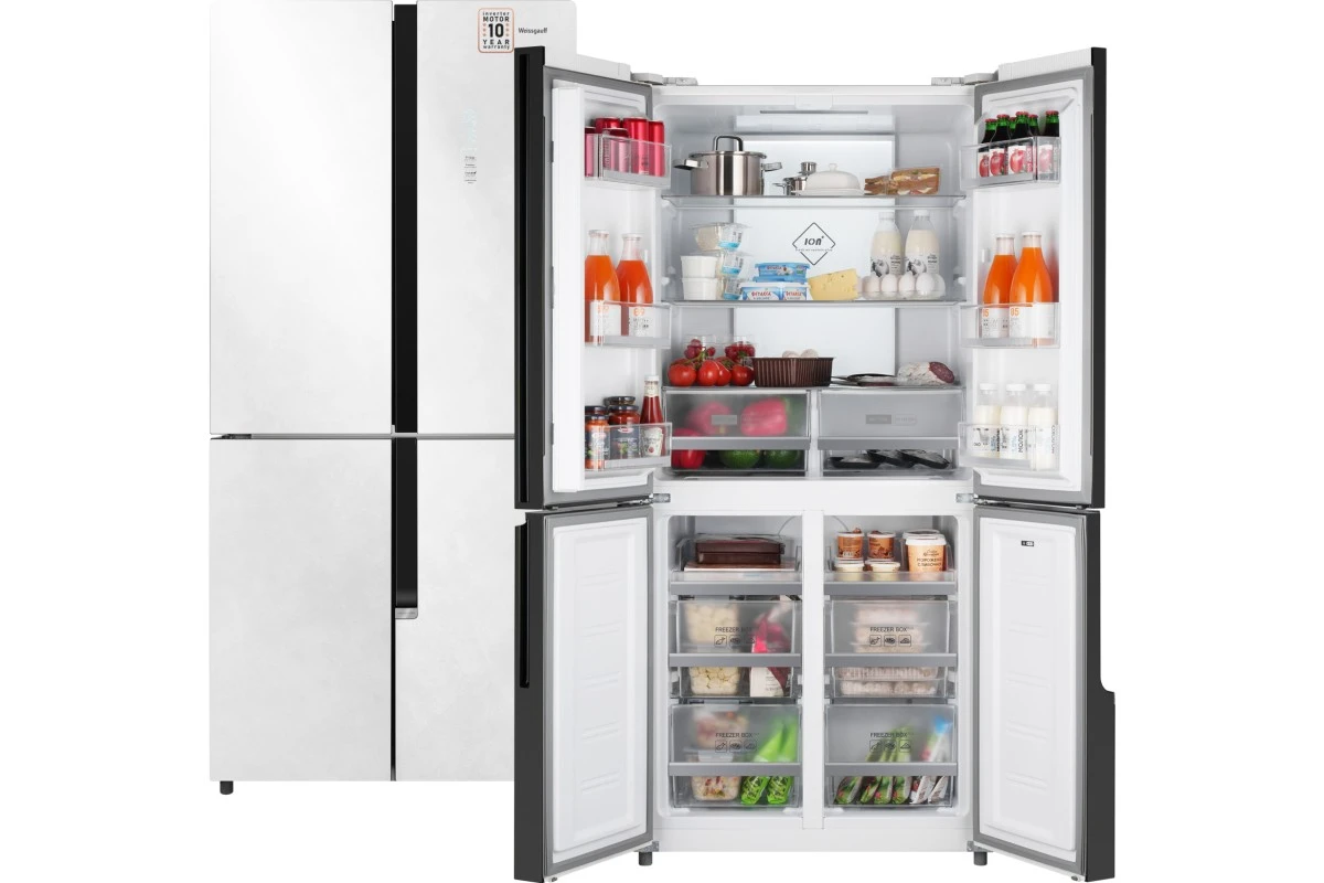 Отдельностоящий холодильник с инвертором Weissgauff WCD 450 White Rock Glass NoFrost Inverter