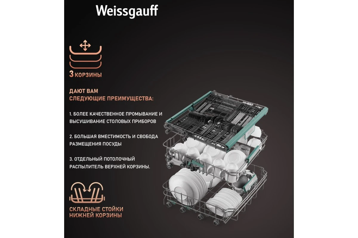 Умная встраиваемая посудомоечная машина Weissgauff BDW 6033 Wi-Fi Inverter Autoopen