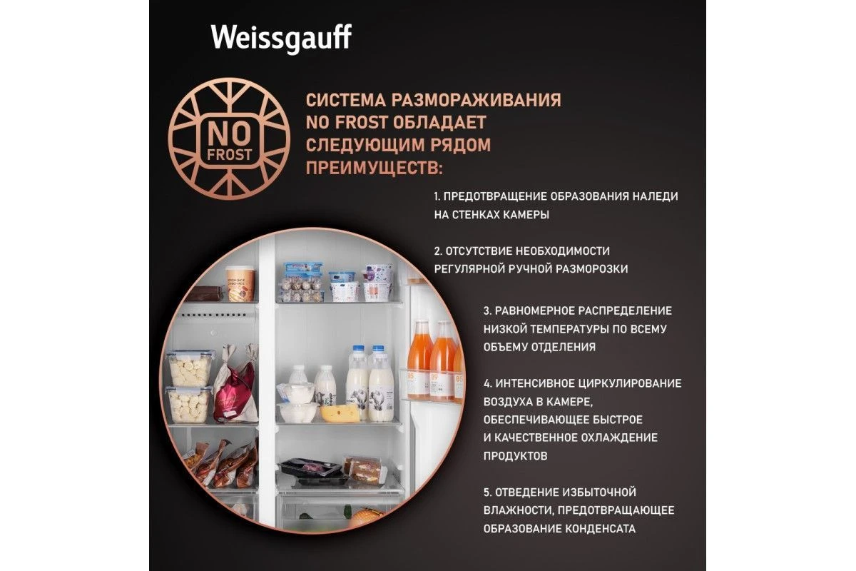 Отдельностоящий холодильник с инвертором Weissgauff WSBS 600 NoFrost Inverter Bru Steel Glass