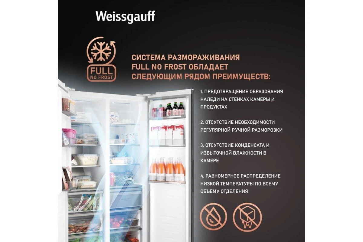 Отдельностоящий холодильник с инвертором Weissgauff WSBS 1036 Inverter NoFrost Premium White Glass