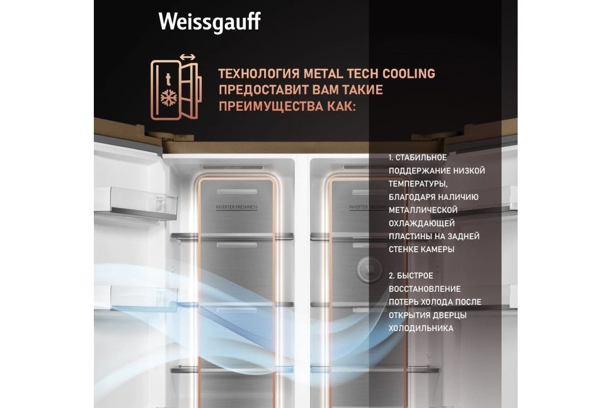 Отдельностоящий холодильник с инвертором Weissgauff WSBS 1036 Inverter NoFrost Premium Сhampagne Glass