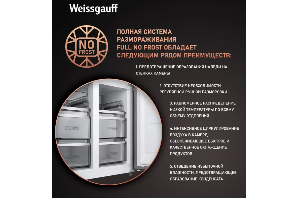 Отдельностоящий холодильник с инвертором Weissgauff WCD 590 Nofrost Inverter Premium EcoFresh Dark Grey Glass