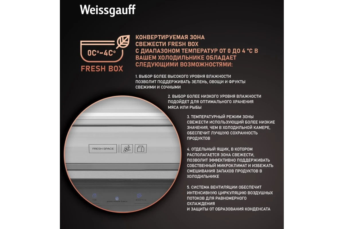 Отдельностоящий холодильник с инвертором Weissgauff WCD 590 Nofrost Inverter Premium EcoFresh Blue Glass