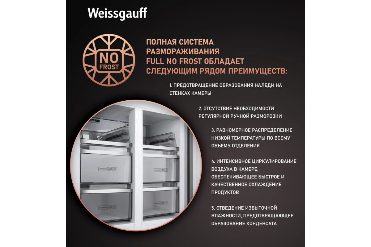 Отдельностоящий холодильник с инвертором Weissgauff WCD 590 Nofrost Inverter Premium EcoFresh Rock Glass
