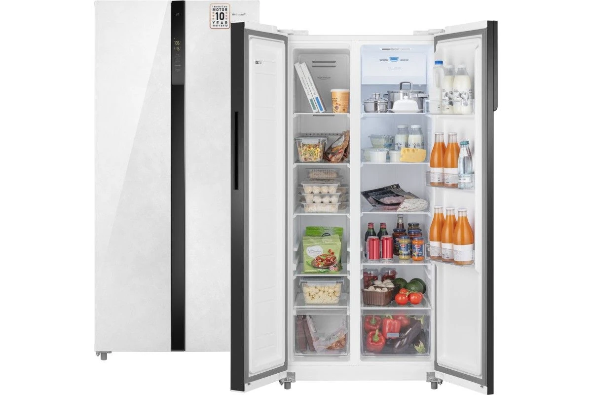 Отдельностоящий холодильник с инвертором Weissgauff WSBS 500 Inverter NoFrost White Rock Glass