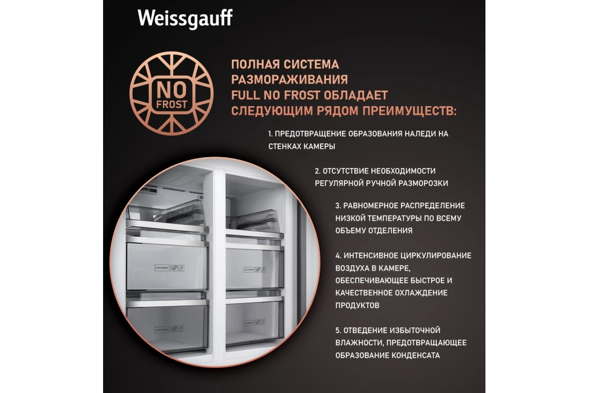 Отдельностоящий холодильник с инвертором Weissgauff WCD 590 Nofrost Inverter Premium EcoFresh Black Glass