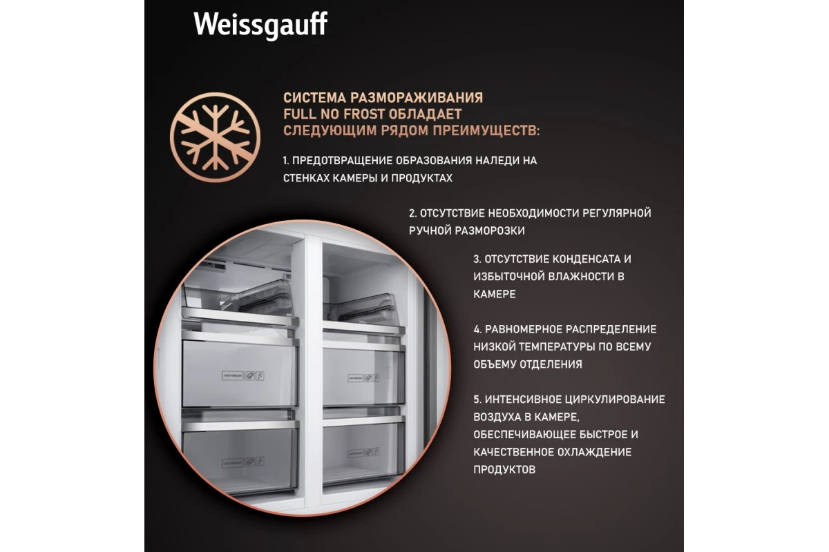 Отдельностоящий холодильник с инвертором Weissgauff WCD 590 NoFrost Inverter Premium EcoFresh Inox Glass