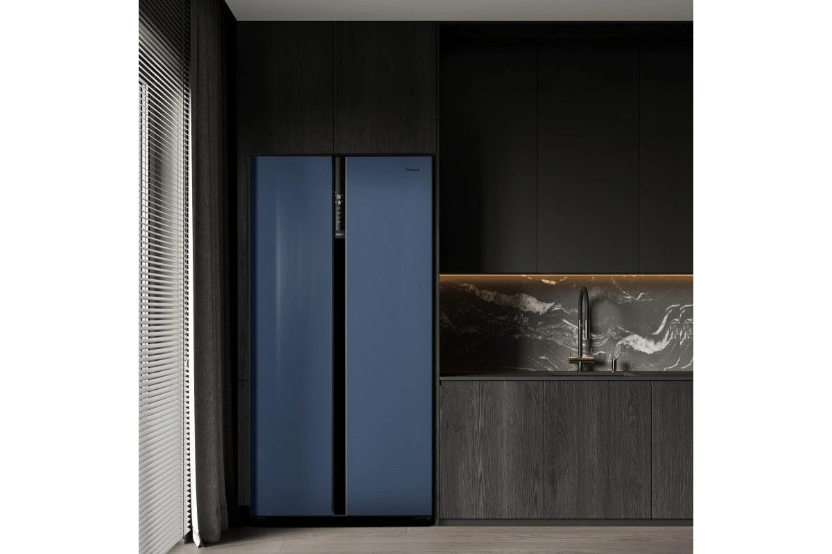Отдельностоящий холодильник с инвертором Weissgauff WSBS 600 NoFrost Inverter Blue Glass