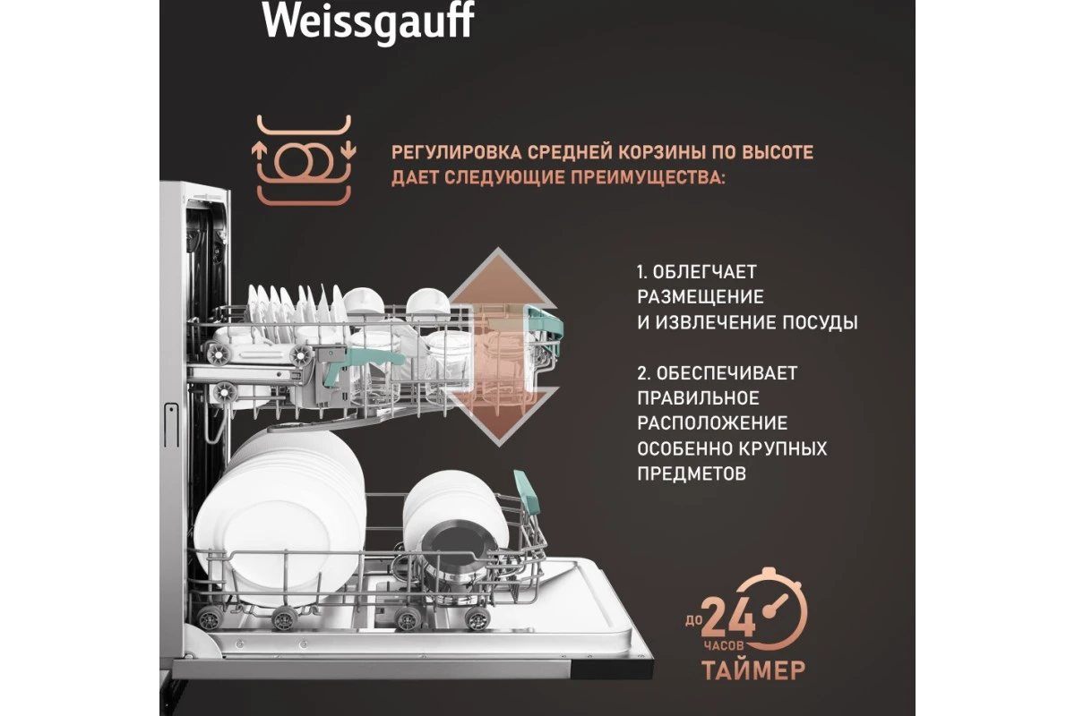 Встраиваемая посудомоечная машина Weissgauff BDW 4160 Real Touch DC Inverter Timer Floor
