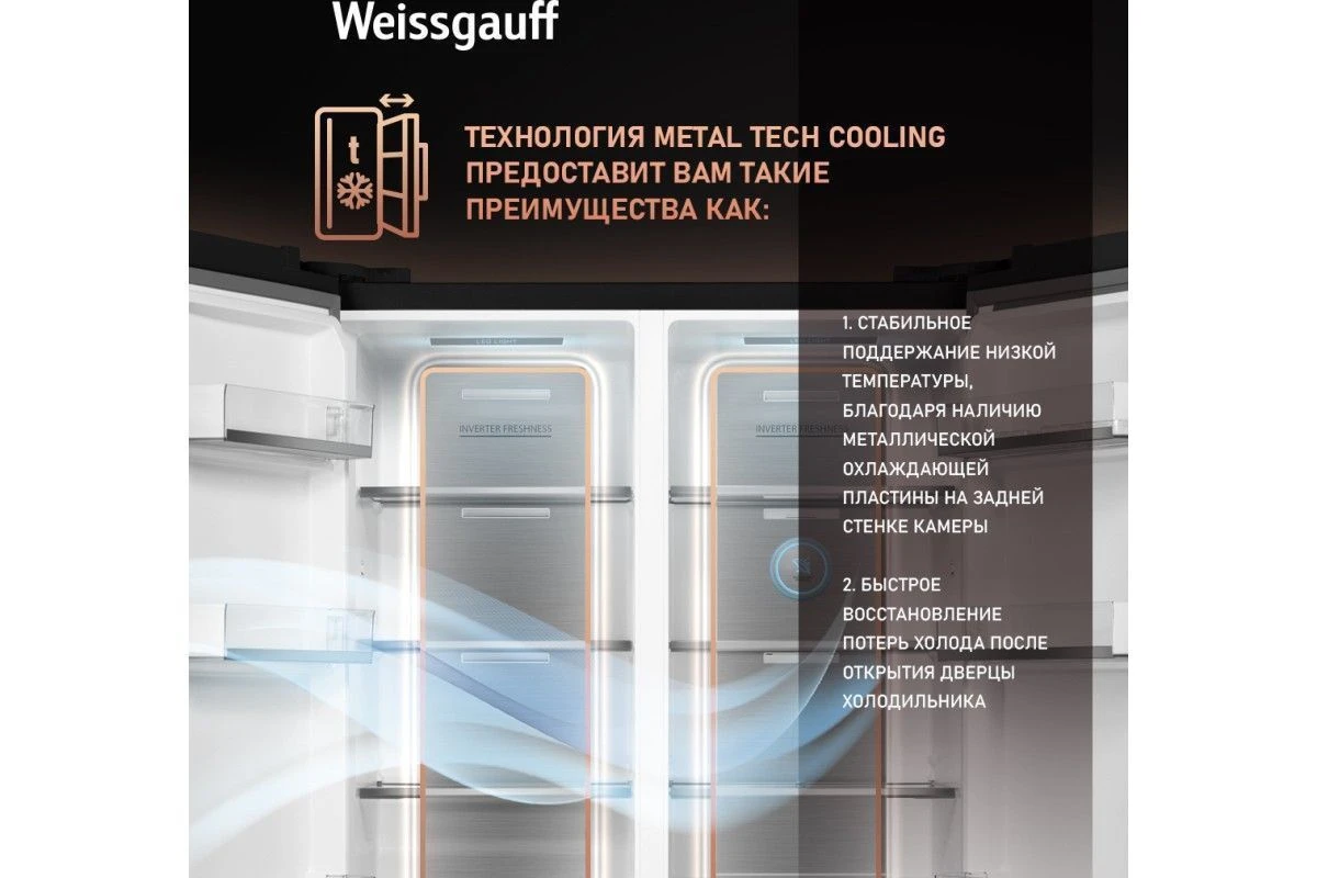 Отдельностоящий холодильник с инвертором Weissgauff WSBS 1036 Inverter NoFrost Premium Dark Inox