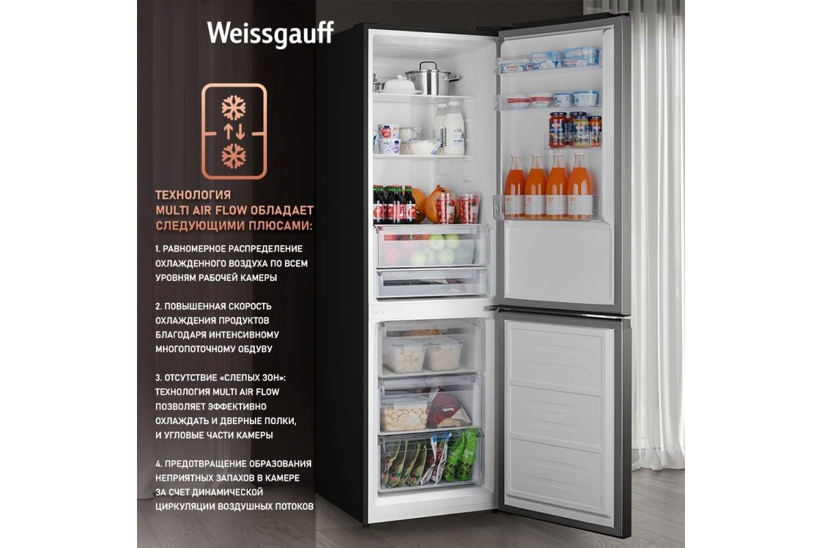 Отдельностоящий холодильник с инвертором Weissgauff WRK 2000 Total NoFrost Inverter Black Inox