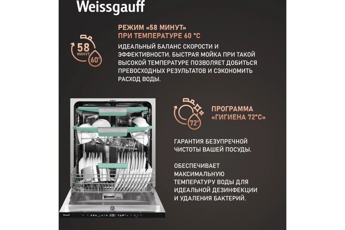 Встраиваемая посудомоечная машина с лучом на полу и авто-открыванием Weissgauff BDW 6140 Ultra Real Autoopen Infolight