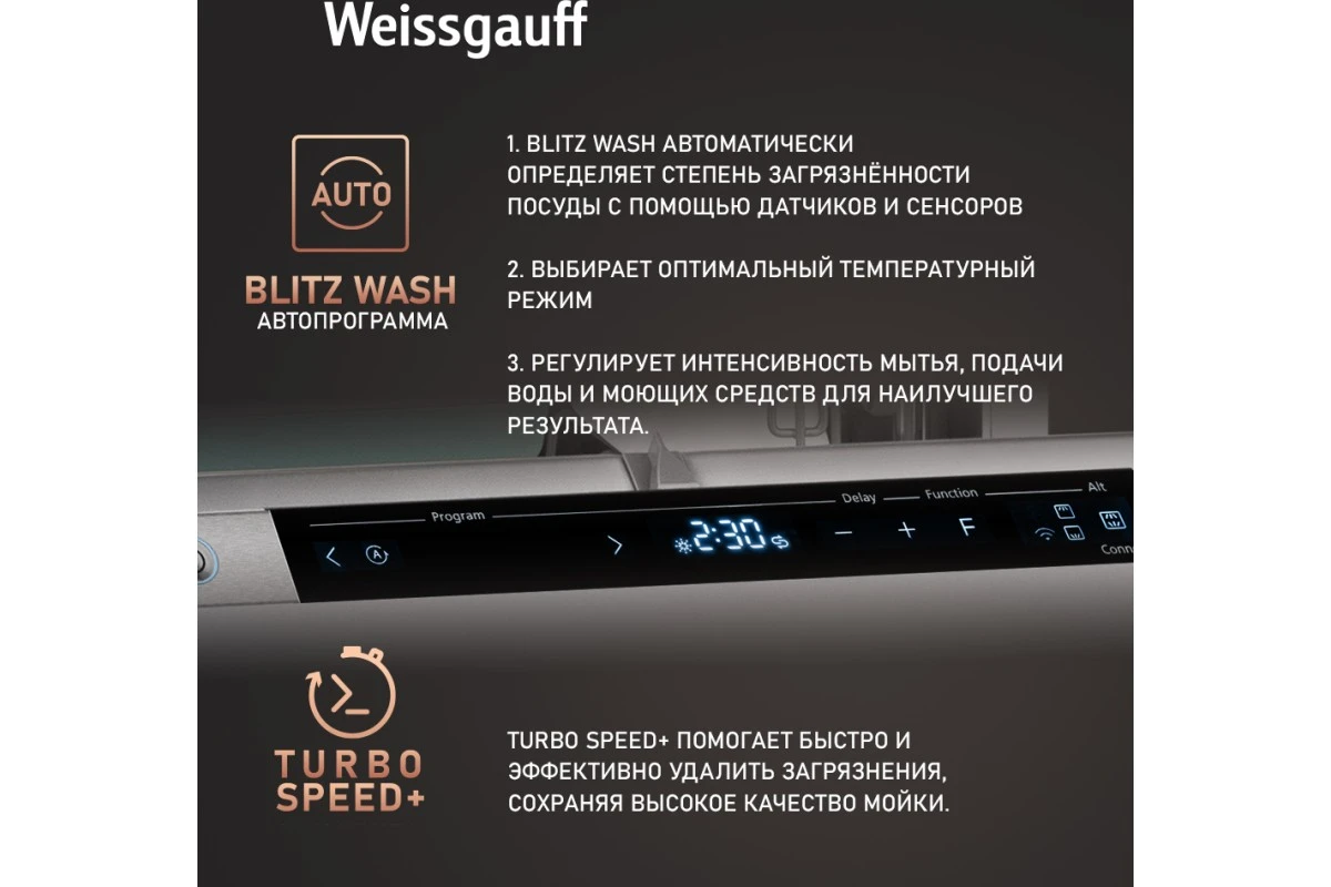 Умная встраиваемая посудомоечная машина Weissgauff BDW 6150 Touch DC Inverter Wi-Fi