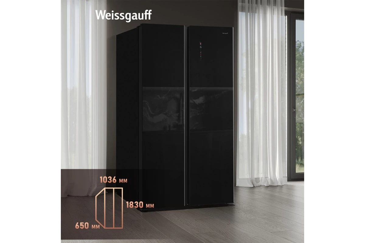 Отдельностоящий холодильник с инвертором Weissgauff WSBS 1036 Inverter NoFrost Premium Black Glass