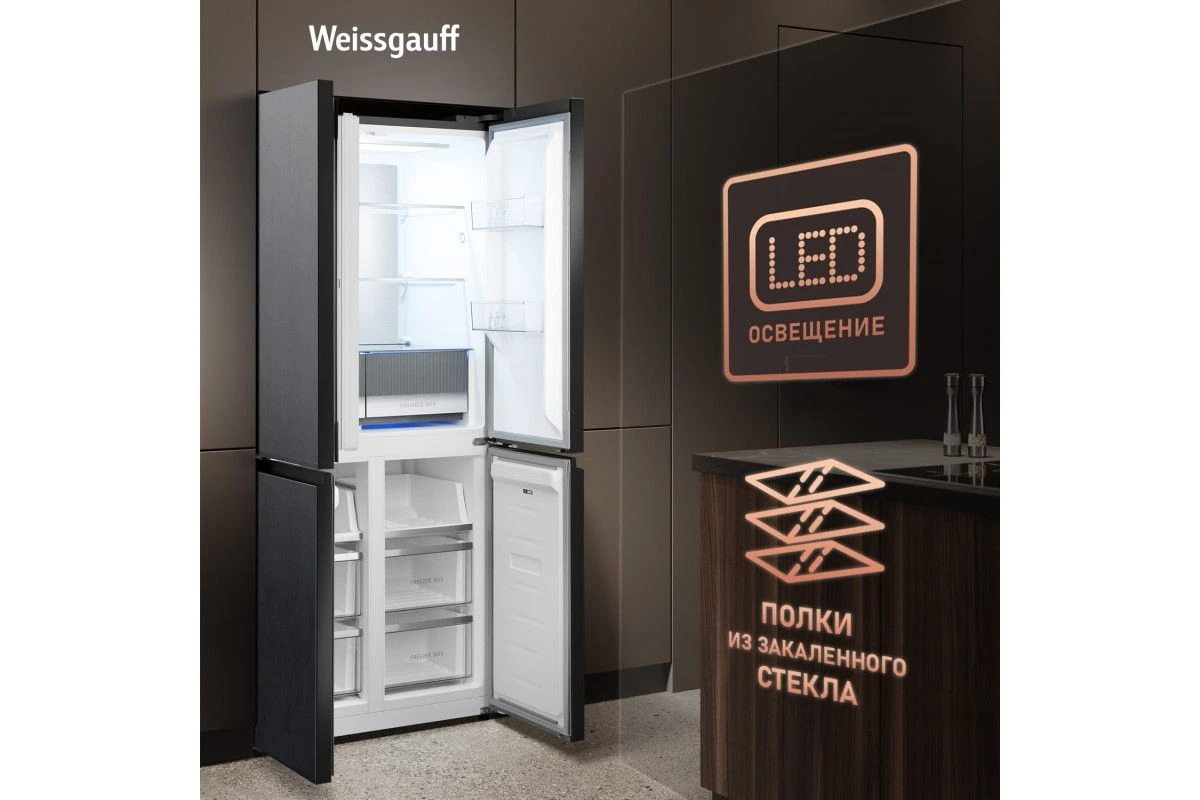 Отдельностоящий холодильник с инвертором Weissgauff WCD 450 Rock Glass NoFrost Inverter