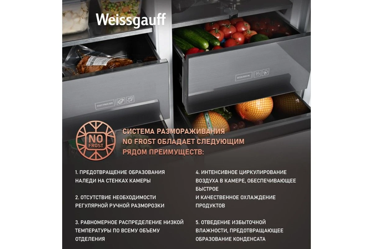 Отдельностоящий холодильник с инвертором Weissgauff WSBS 590 NoFrost Inverter Premium Dark Grey Glass