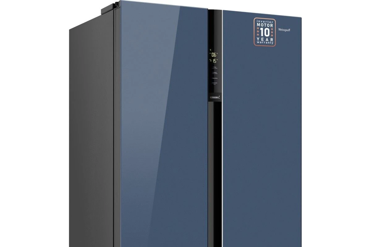 Отдельностоящий холодильник с инвертором Weissgauff WSBS 600 NoFrost Inverter Blue Glass
