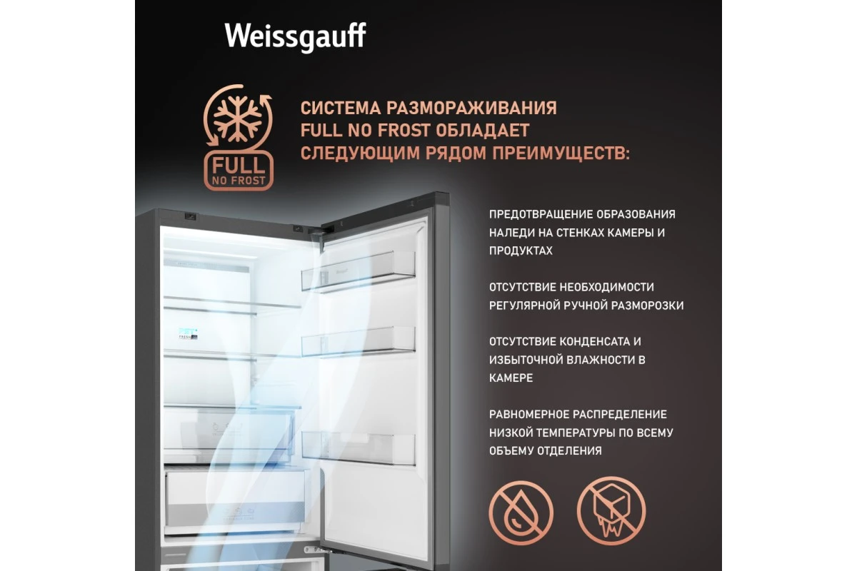Отдельностоящий холодильник Weissgauff WFD 450 Total NoFrost Inverter Dark Grey Built-in