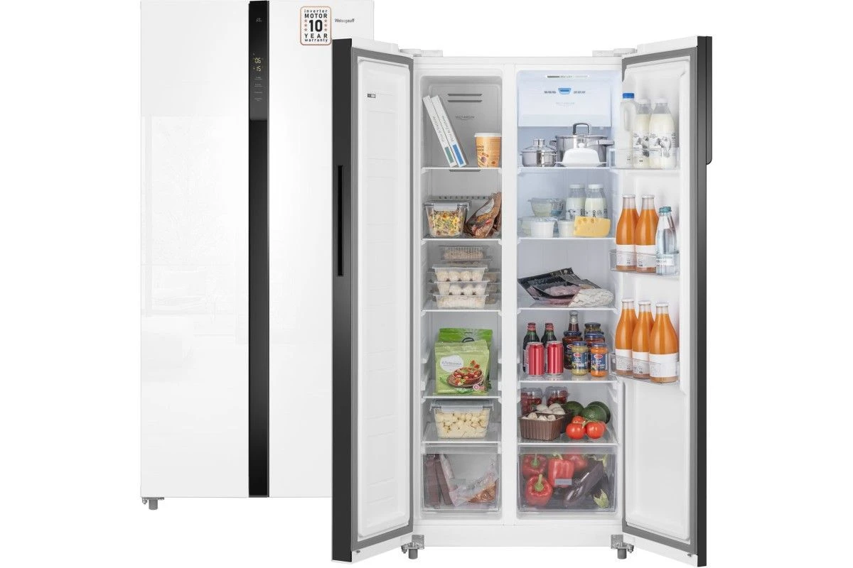 Отдельностоящий холодильник с инвертором Weissgauff WSBS 500 Inverter NoFrost White Glass