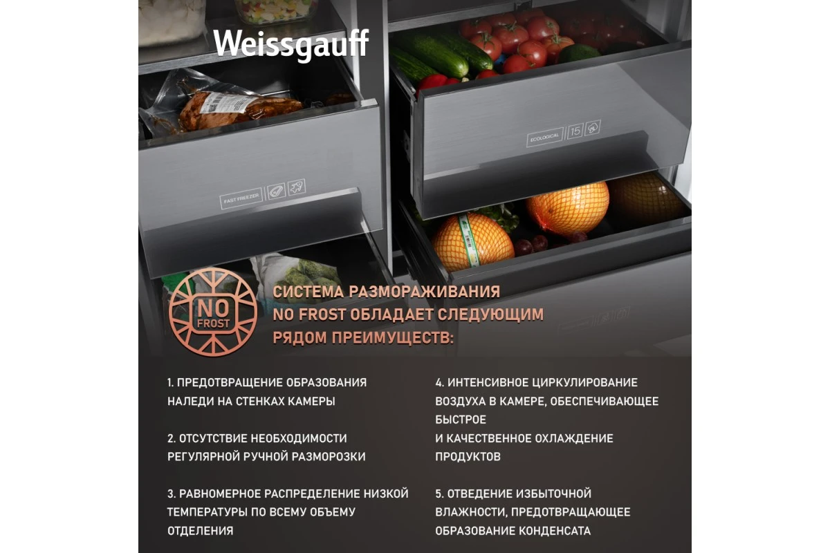 Отдельностоящий холодильник с инвертором Weissgauff WSBS 590 BG NoFrost Inverter Premium