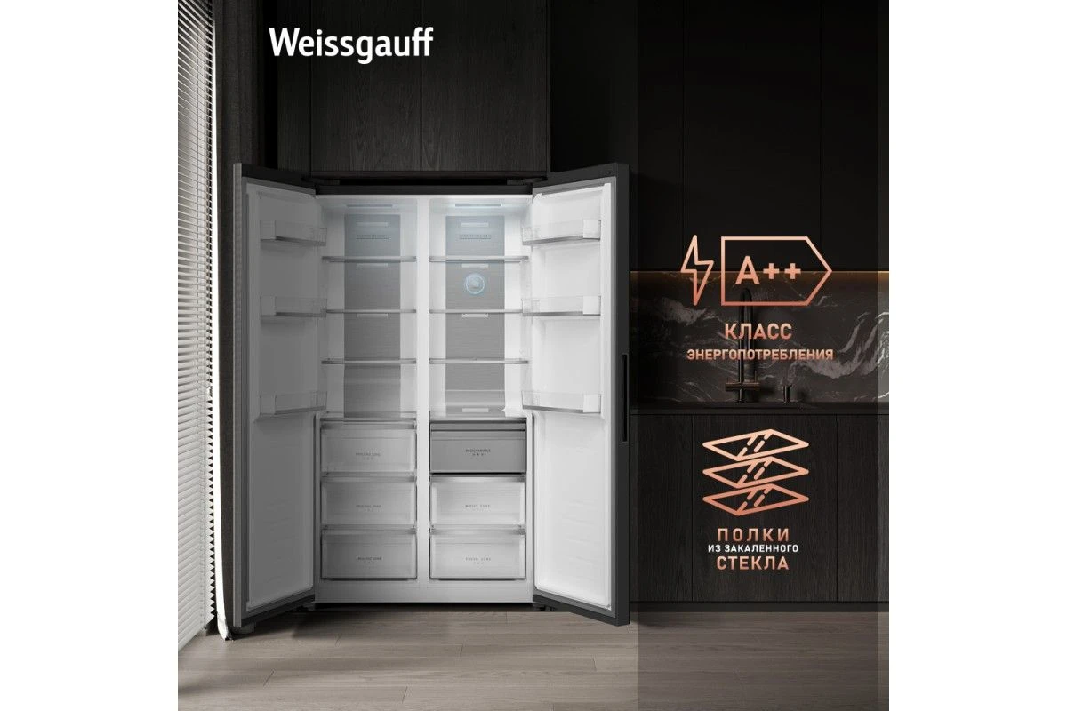 Отдельностоящий холодильник с инвертором Weissgauff WSBS 1036 Inverter NoFrost Premium Black Glass