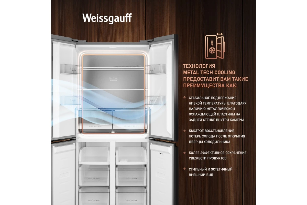 Отдельностоящий холодильник с инвертором Weissgauff WCD 450 BEG NoFrost Inverter