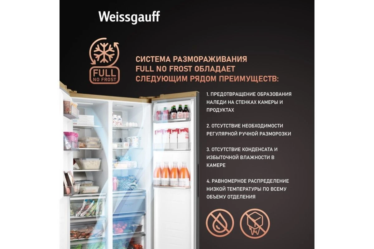 Отдельностоящий холодильник с инвертором Weissgauff WSBS 1036 Inverter NoFrost Premium Сhampagne Glass