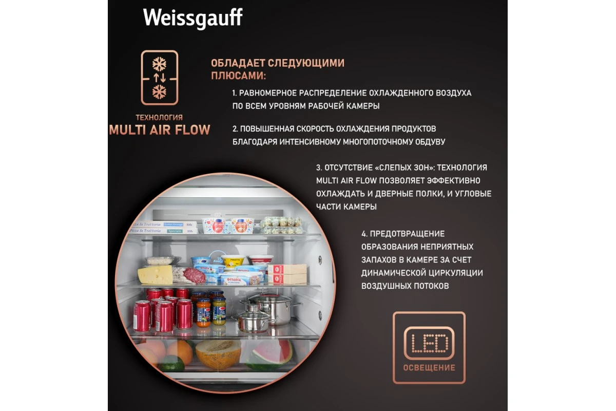Отдельностоящий холодильник с инвертором Weissgauff WCD 590 Nofrost Inverter Premium Ecofresh Dark Inox