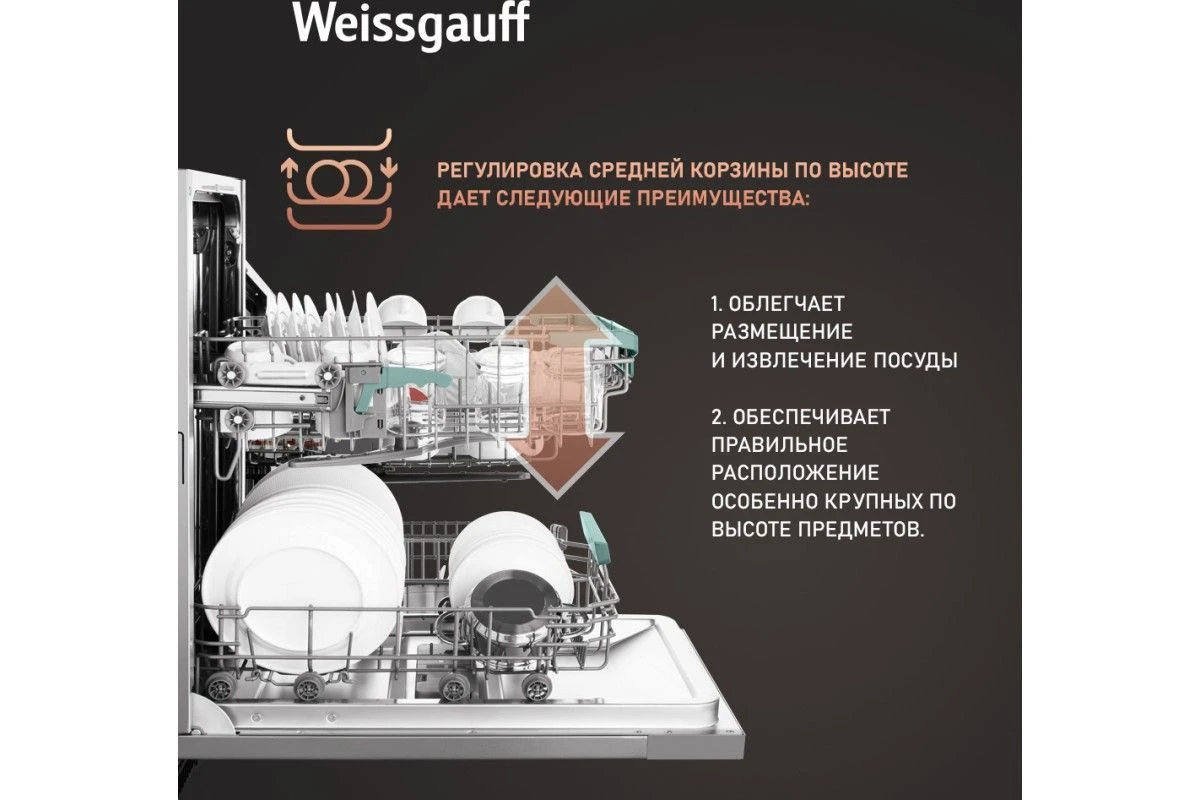 Встраиваемая посудомоечная машина с проекцией времени на полу Weissgauff BDW 4139 D Timer Floor