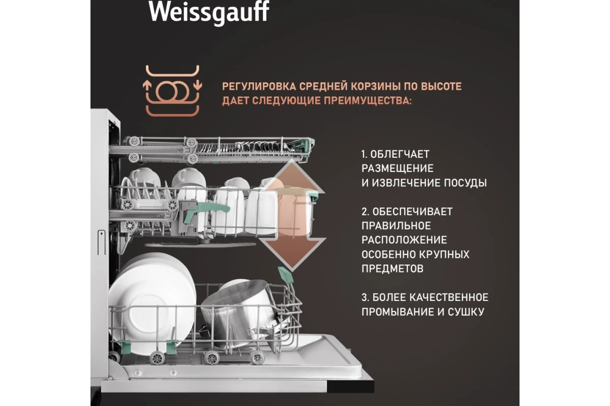 Встраиваемая посудомоечная машина с лучом на полу и авто-открыванием Weissgauff BDW 6140 Ultra Real Autoopen Infolight