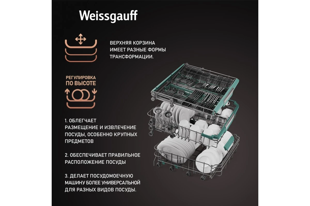Посудомоечная машина с авто-открыванием и инвертором Weissgauff DW 6114 Inverter Touch AutoOpen White