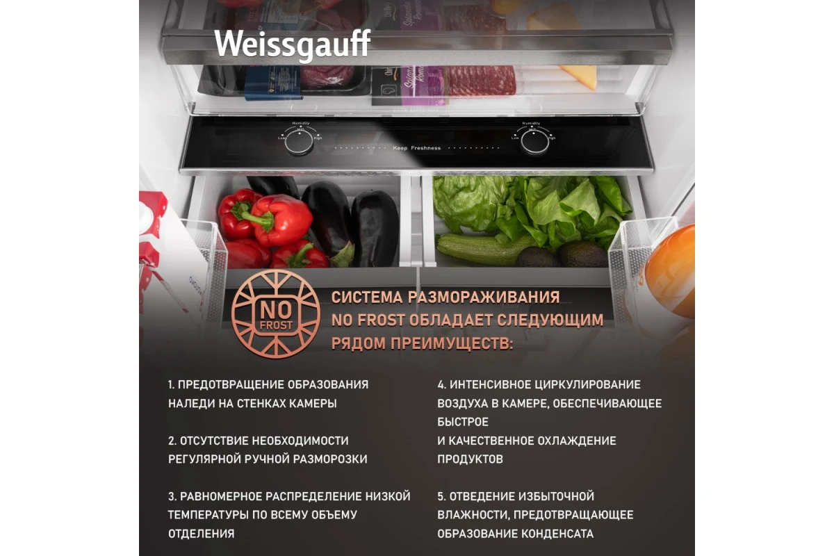 Отдельностоящий холодильник с инвертором Weissgauff WCD 450 WNF Built-in