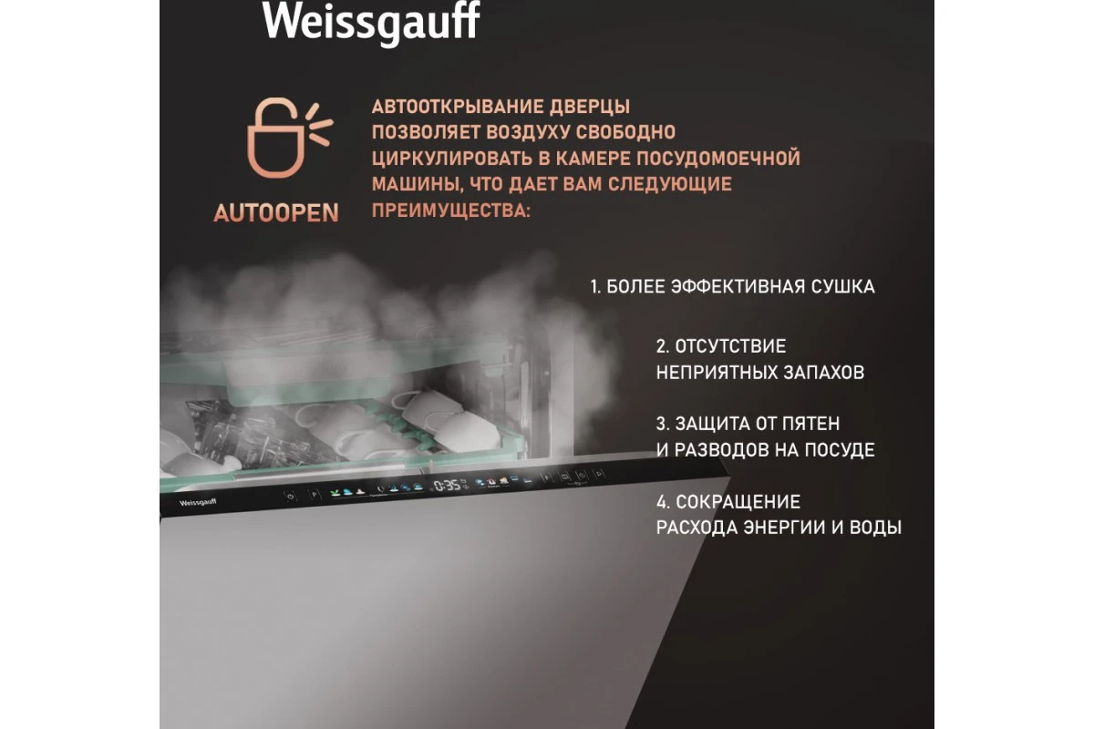 Встраиваемая посудомоечная машина с лучом на полу и авто-открыванием Weissgauff BDW 6140 Ultra Real Autoopen Infolight