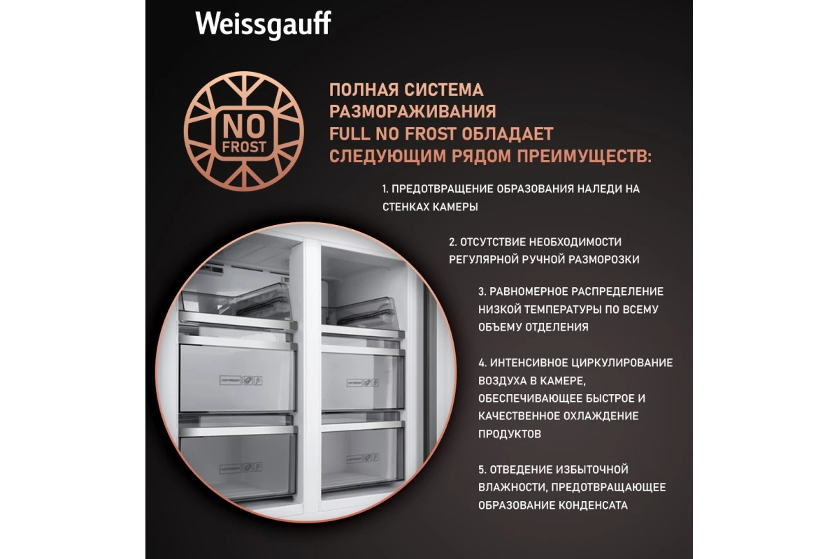 Отдельностоящий холодильник с инвертором Weissgauff WCD 590 Nofrost Inverter Premium Ecofresh Dark Inox
