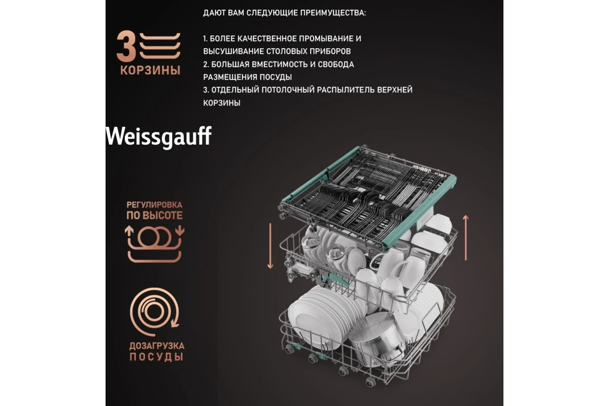 Встраиваемая посудомоечная машина с лучом на полу Weissgauff BDW 6138 D (модификация 2025 года)