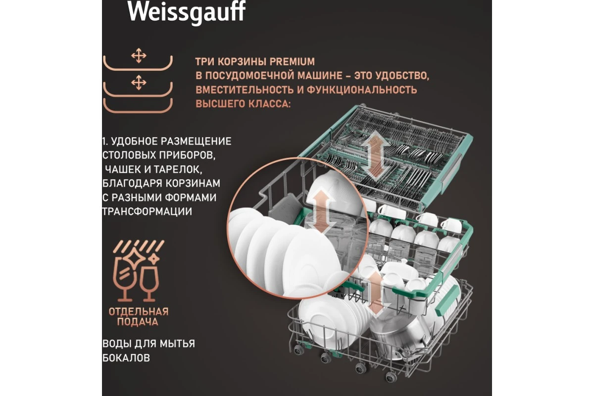 Встраиваемая посудомоечная машина с лучом на полу и авто-открыванием Weissgauff BDW 6140 Ultra Real Autoopen Infolight