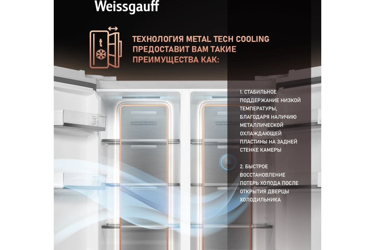 Отдельностоящий холодильник с инвертором Weissgauff WSBS 1036 Inverter NoFrost Premium White Glass
