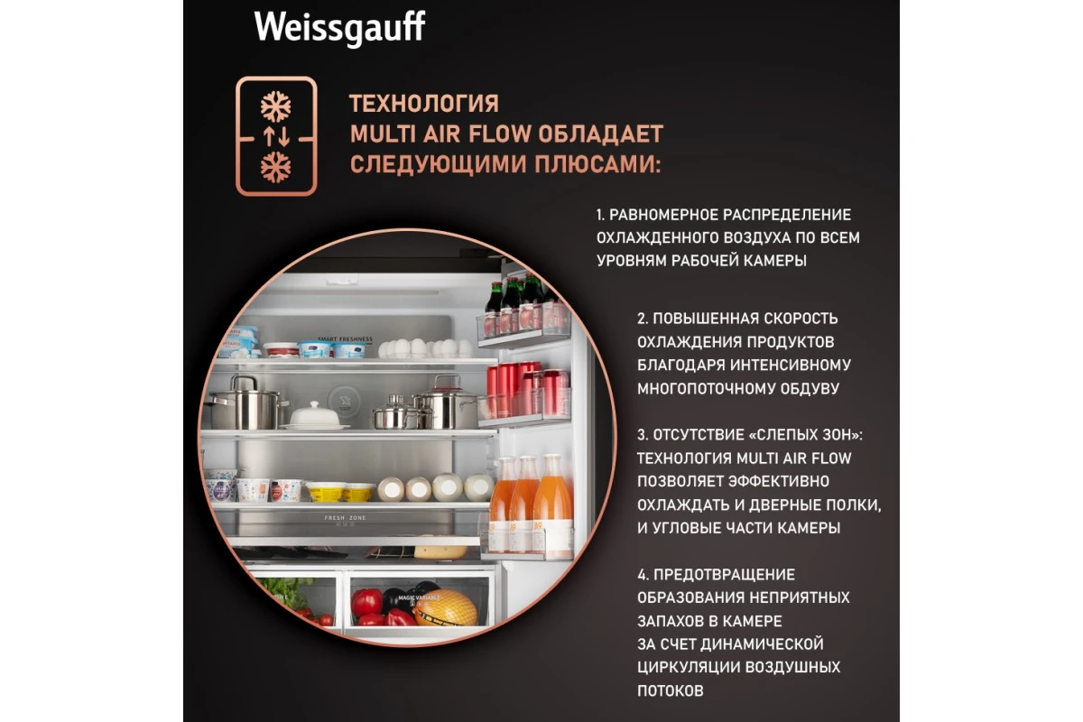 Отдельностоящий холодильник с инвертором Weissgauff WCD 510 Built-in Inverter NoFrost Black Glass