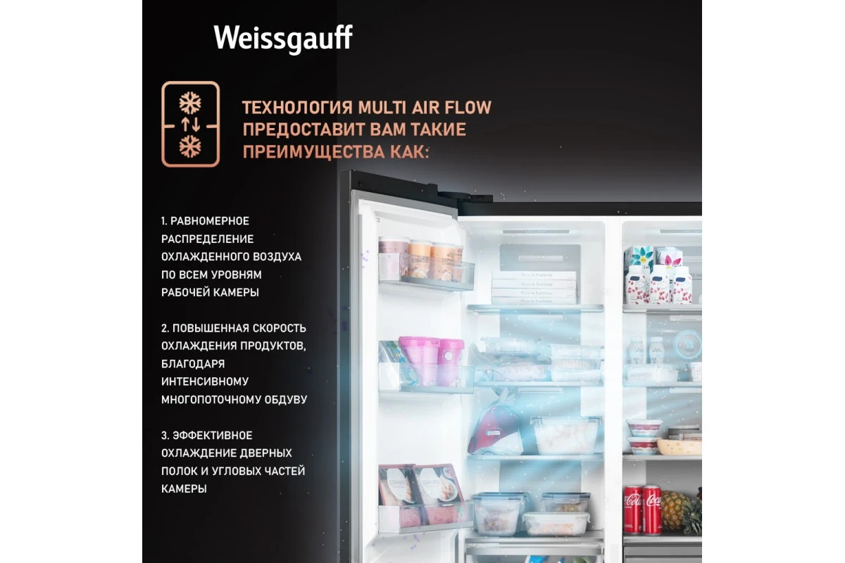 Отдельностоящий холодильник с инвертором Weissgauff WSBS 1036 Inverter NoFrost Premium Black Glass