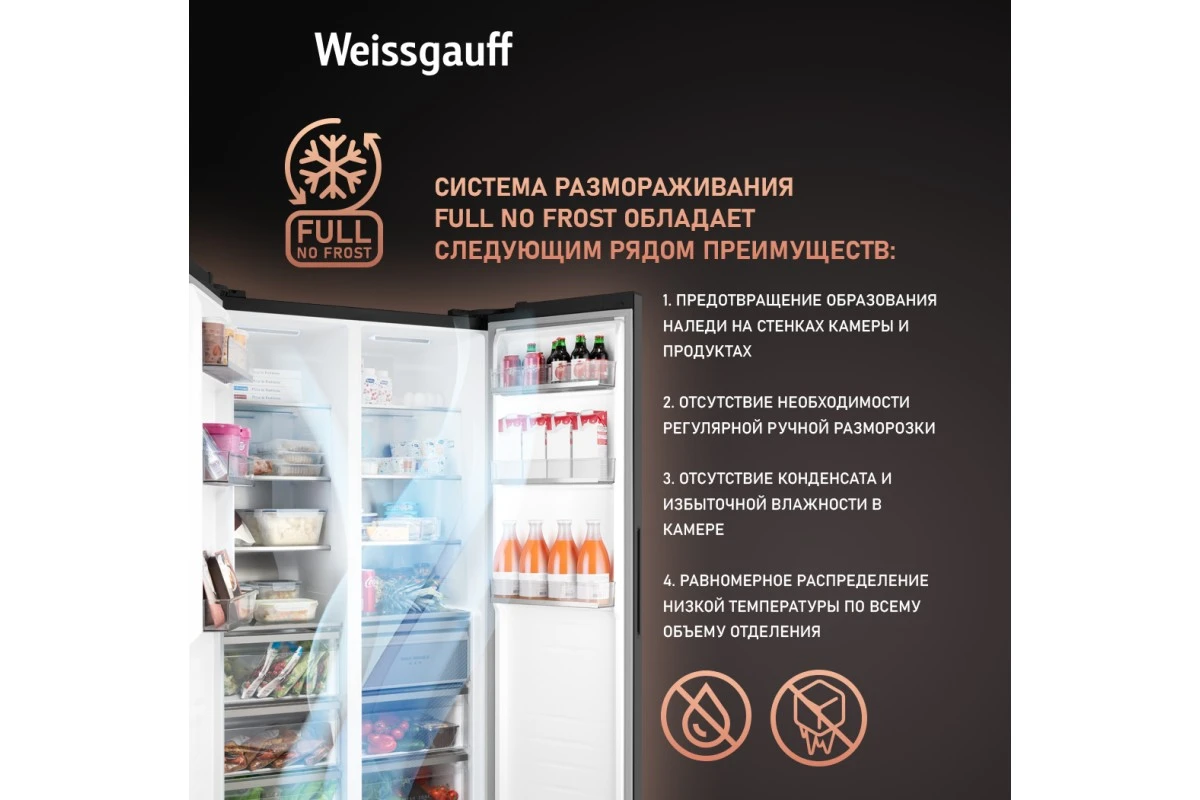 Отдельностоящий холодильник с инвертором Weissgauff WSBS 1036 Inverter NoFrost Premium Black Glass