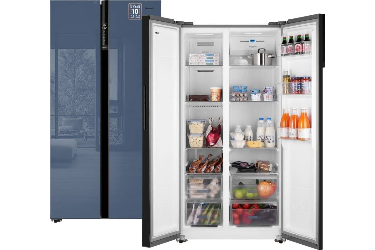 Отдельностоящий холодильник с инвертором Weissgauff WSBS 600 NoFrost Inverter Blue Glass