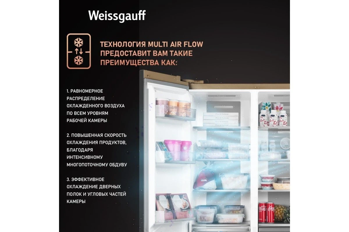 Отдельностоящий холодильник с инвертором Weissgauff WSBS 1036 Inverter NoFrost Premium Сhampagne Glass