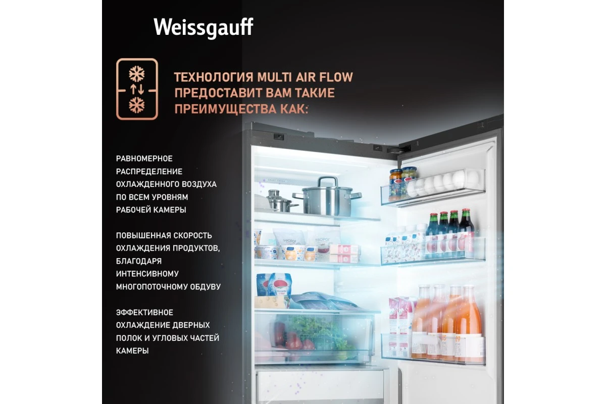 Отдельностоящий холодильник Weissgauff WFD 450 Total NoFrost Inverter Dark Grey Built-in