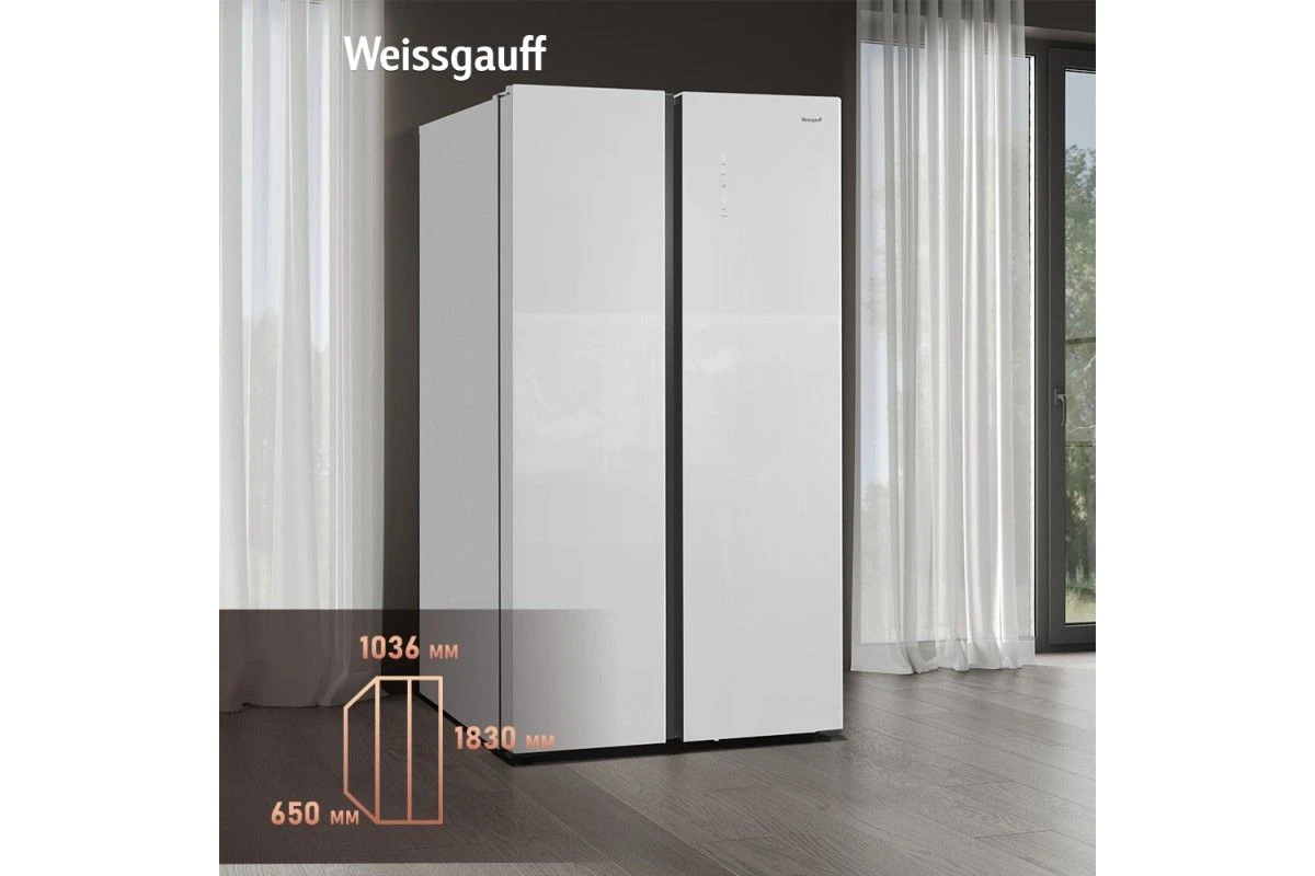 Отдельностоящий холодильник с инвертором Weissgauff WSBS 1036 Inverter NoFrost Premium White Glass