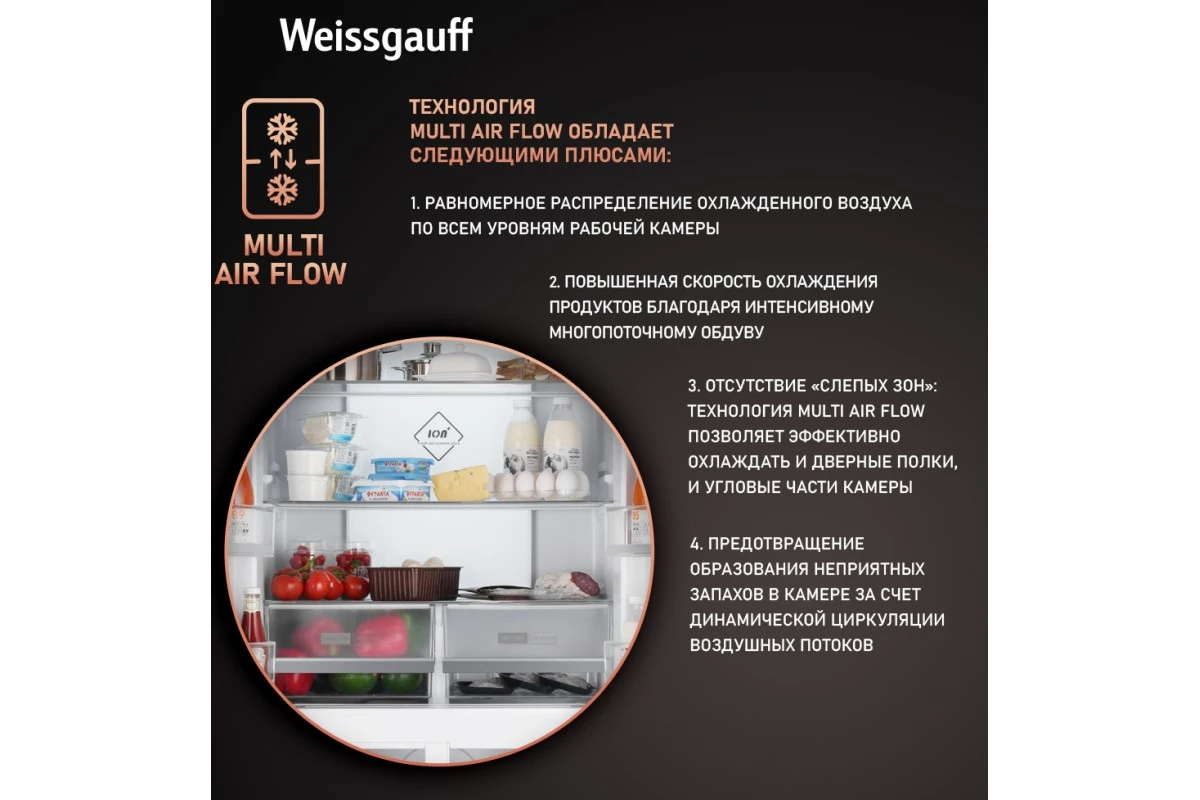 Отдельностоящий холодильник с инвертором Weissgauff WCD 450 Inox Glass NoFrost Inverter