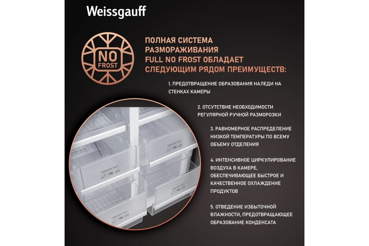 Отдельностоящий холодильник с инвертором Weissgauff WCD 450 Inox Glass NoFrost Inverter